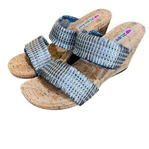 2 Lips Too Womens Woven Strap Cork Wedge Sandals Silver & Blue Size 10